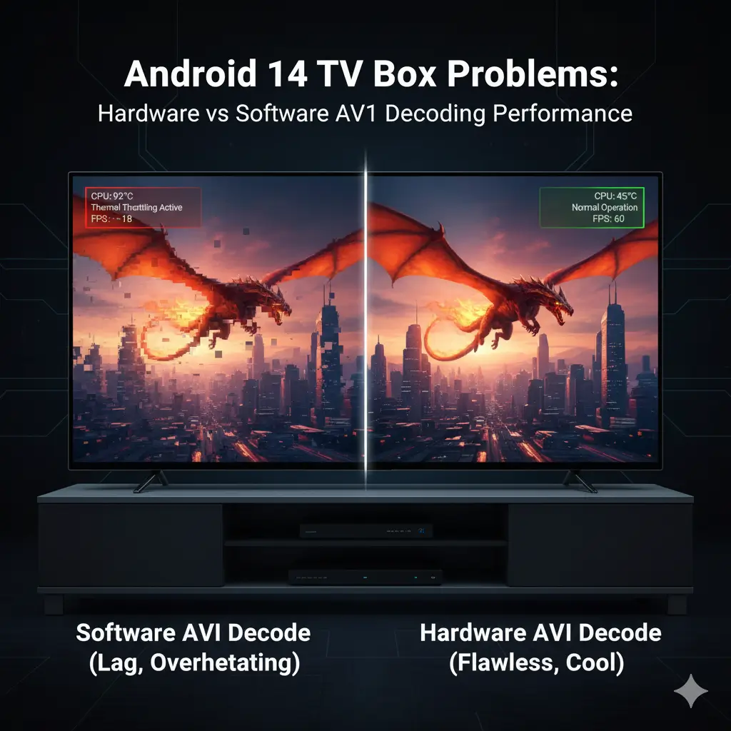 Android 14 TV box problems comparison showing hardware vs software AV1 decoding performance
